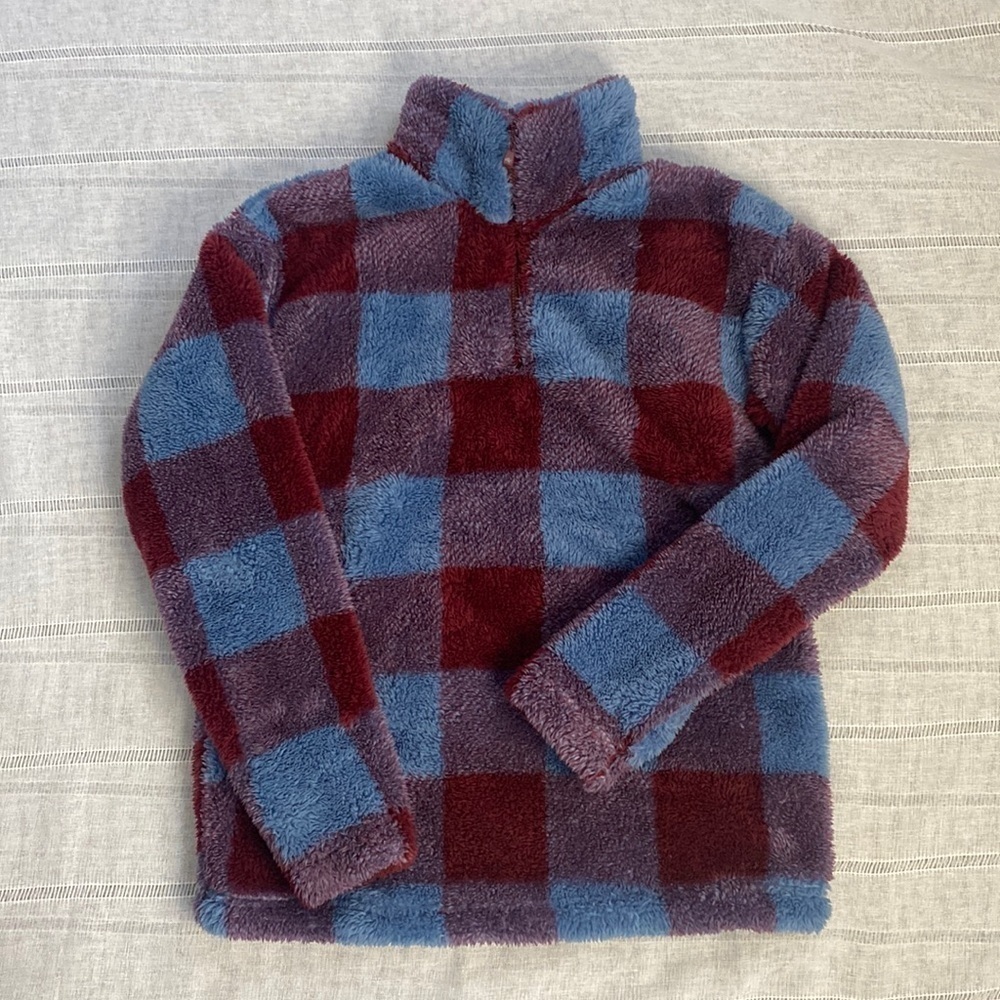 Eddie Bauer checkered faux furry material pullover.